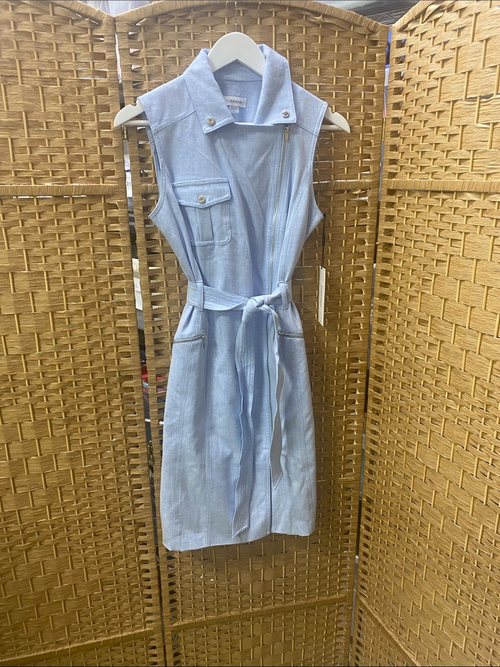Calvin Klein Light Blue Sleeveless Belted Midi Dress